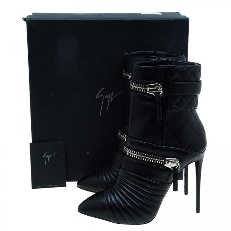 Pre Owned Giuseppe Zanotti Black Quilted Leather Double Zip Accent Booties Size 38