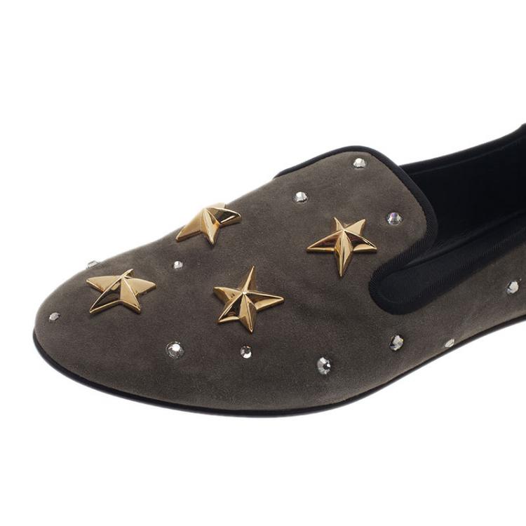 Pre Owned Giuseppe Zanotti Grey Suede Star Studded Smoking Slippers Size 40.5