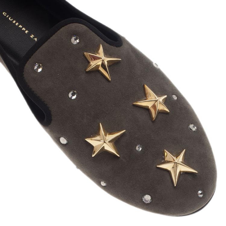 Pre Owned Giuseppe Zanotti Grey Suede Star Studded Smoking Slippers Size 40.5
