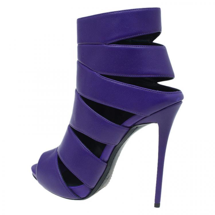 Pre Owned Giuseppe Zanotti Purple Leather Cutout Peep Toe Sandals Size 39 