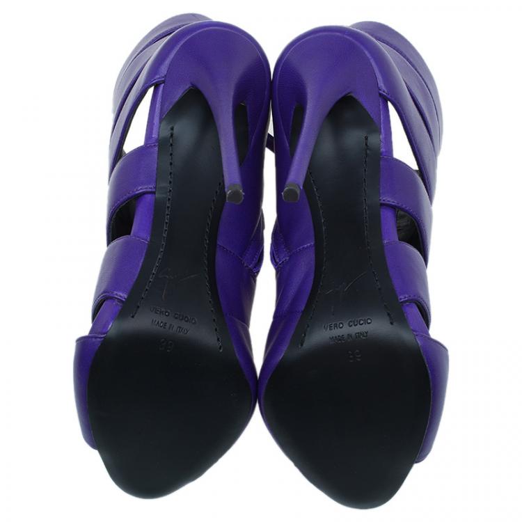 Pre Owned Giuseppe Zanotti Purple Leather Cutout Peep Toe Sandals Size 39 