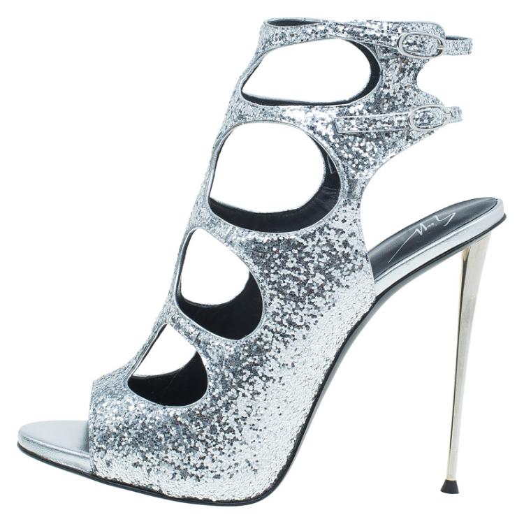 Pre Owned Giuseppe Zanotti Silver Glitter Cutout Ankle Sandals Size 38