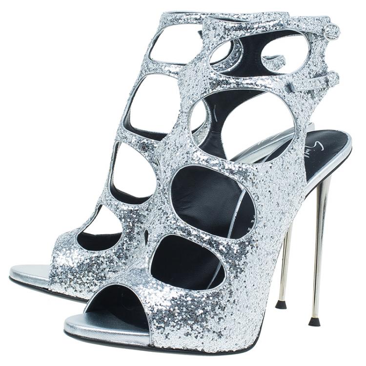 Pre Owned Giuseppe Zanotti Silver Glitter Cutout Ankle Sandals Size 38