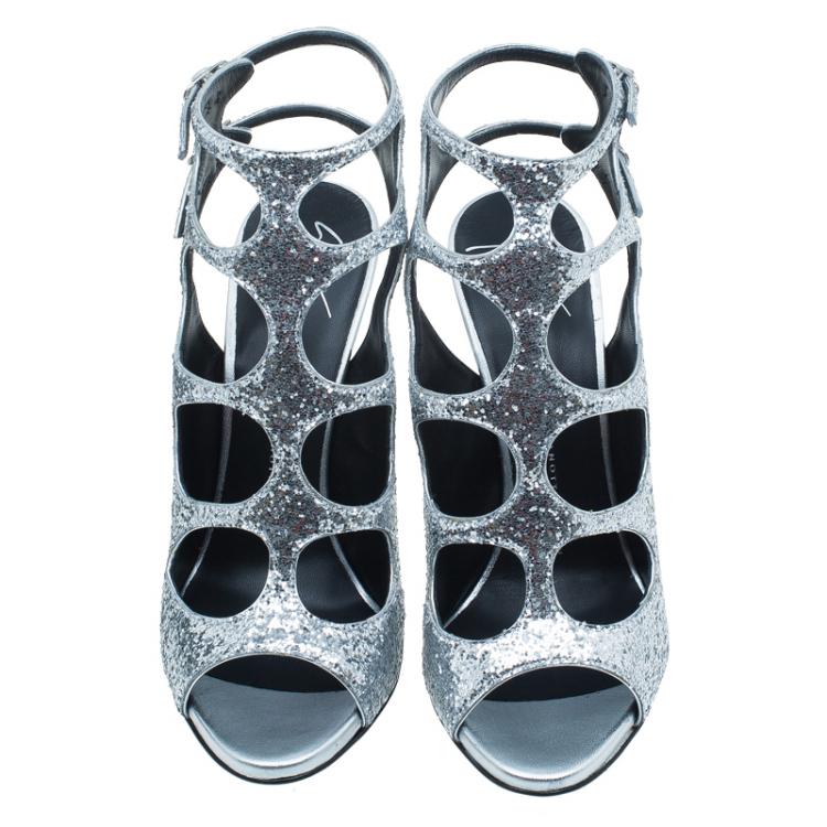 Pre Owned Giuseppe Zanotti Silver Glitter Cutout Ankle Sandals Size 38