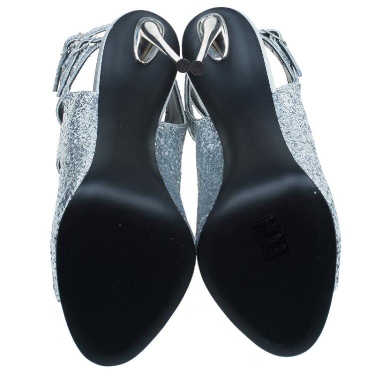 Pre Owned Giuseppe Zanotti Silver Glitter Cutout Ankle Sandals Size 38