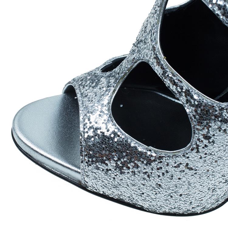 Pre Owned Giuseppe Zanotti Silver Glitter Cutout Ankle Sandals Size 38