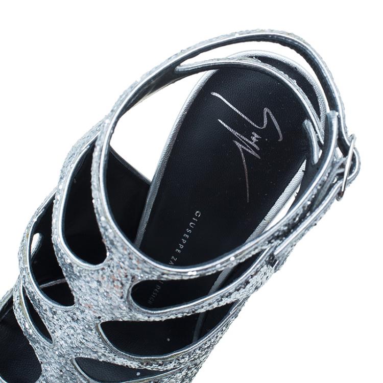 Pre Owned Giuseppe Zanotti Silver Glitter Cutout Ankle Sandals Size 38