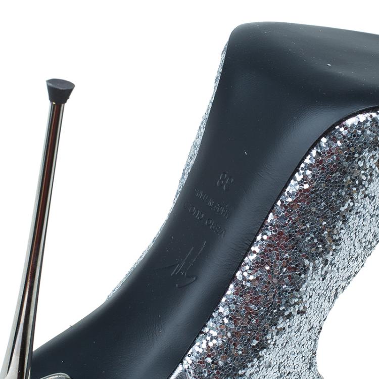 Pre Owned Giuseppe Zanotti Silver Glitter Cutout Ankle Sandals Size 38