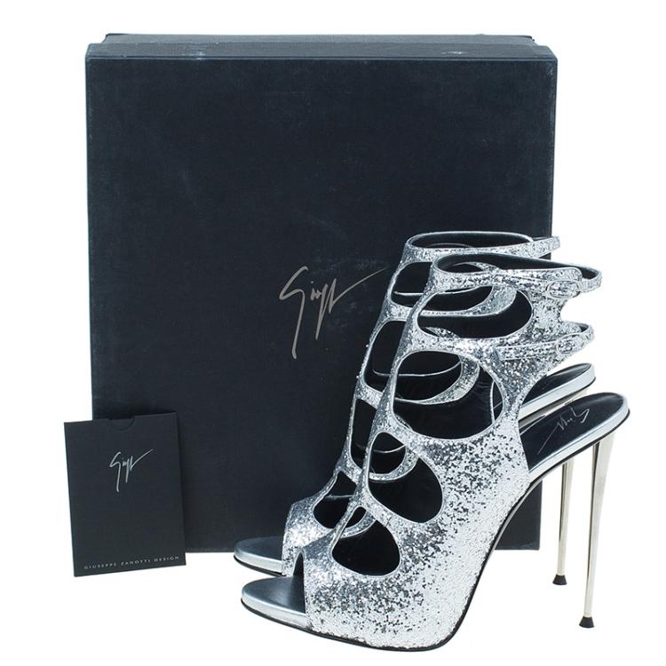 Pre Owned Giuseppe Zanotti Silver Glitter Cutout Ankle Sandals Size 38