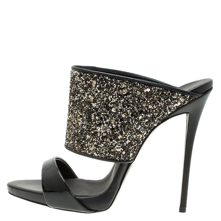 Pre Owned Giuseppe Zanotti Black and Silver Glitter Mules Size 36