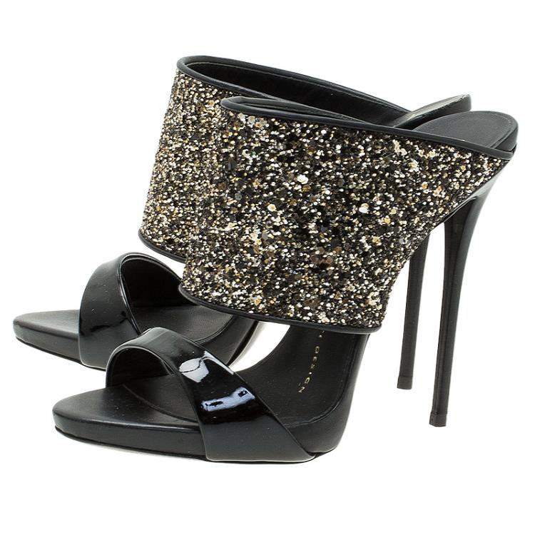 Pre Owned Giuseppe Zanotti Black and Silver Glitter Mules Size 36