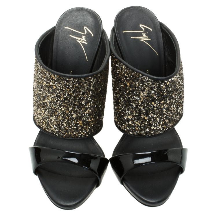 Pre Owned Giuseppe Zanotti Black and Silver Glitter Mules Size 36
