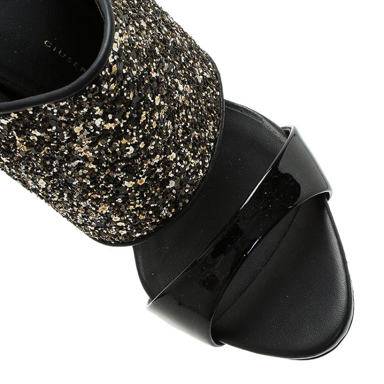 Pre Owned Giuseppe Zanotti Black and Silver Glitter Mules Size 36