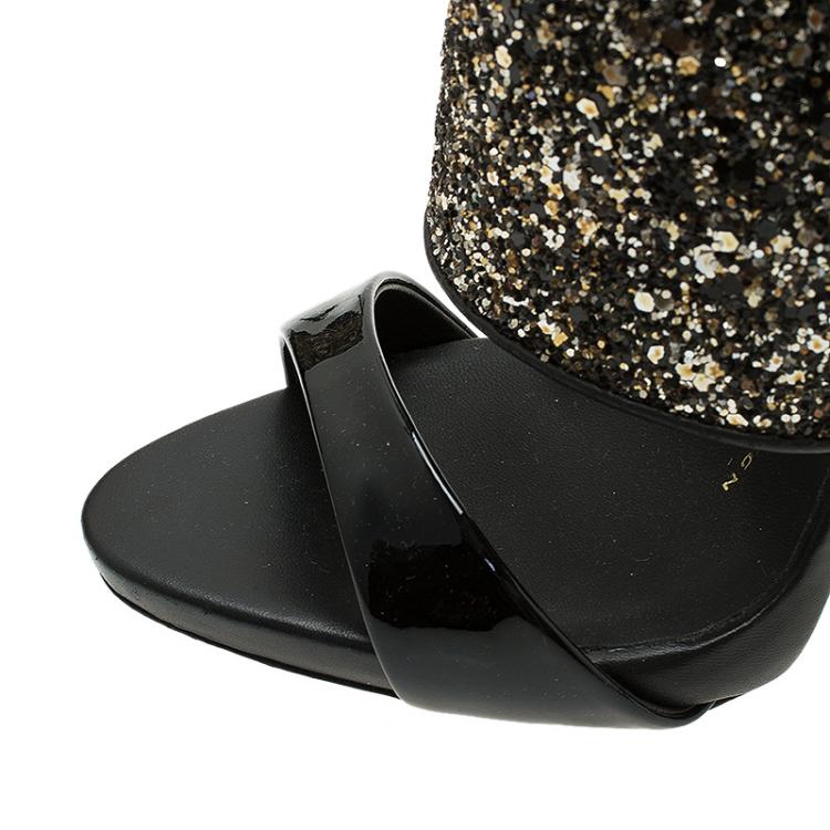 Pre Owned Giuseppe Zanotti Black and Silver Glitter Mules Size 36