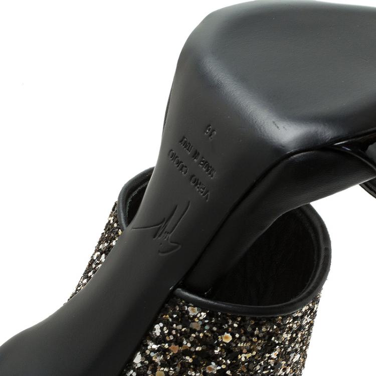 Pre Owned Giuseppe Zanotti Black and Silver Glitter Mules Size 36