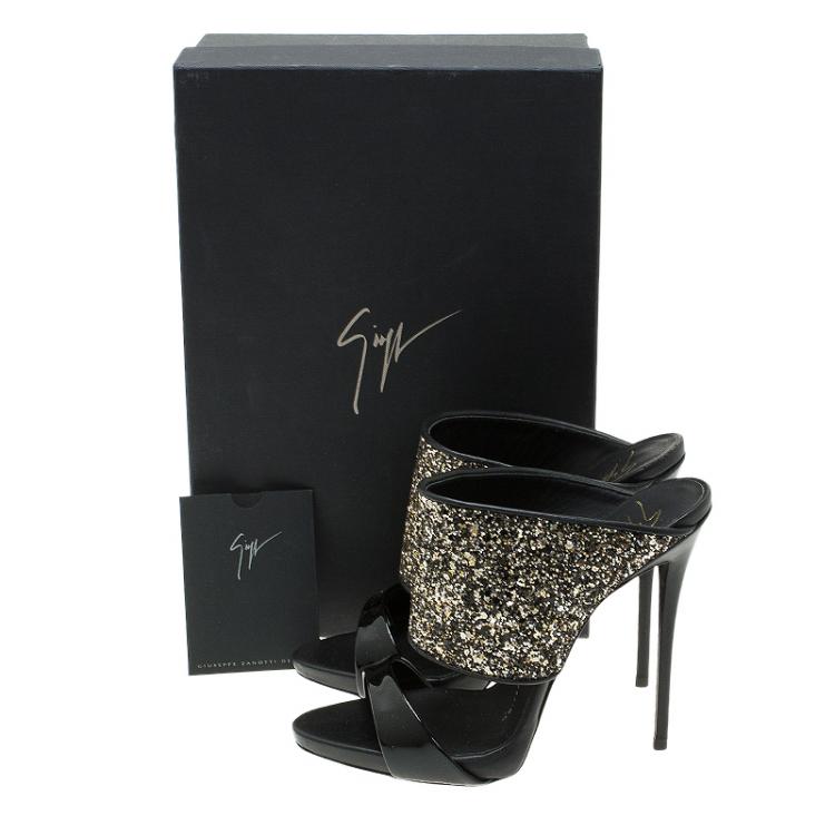 Pre Owned Giuseppe Zanotti Black and Silver Glitter Mules Size 36