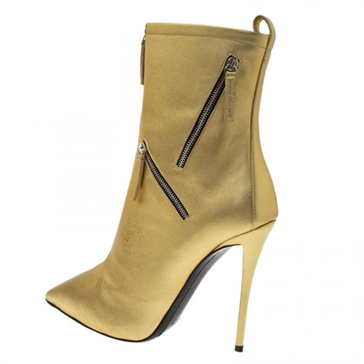 Pre Owned Giuseppe Zanotti  Metallic Gold Leather Multi Zip Detail Pointed Boots Size 38