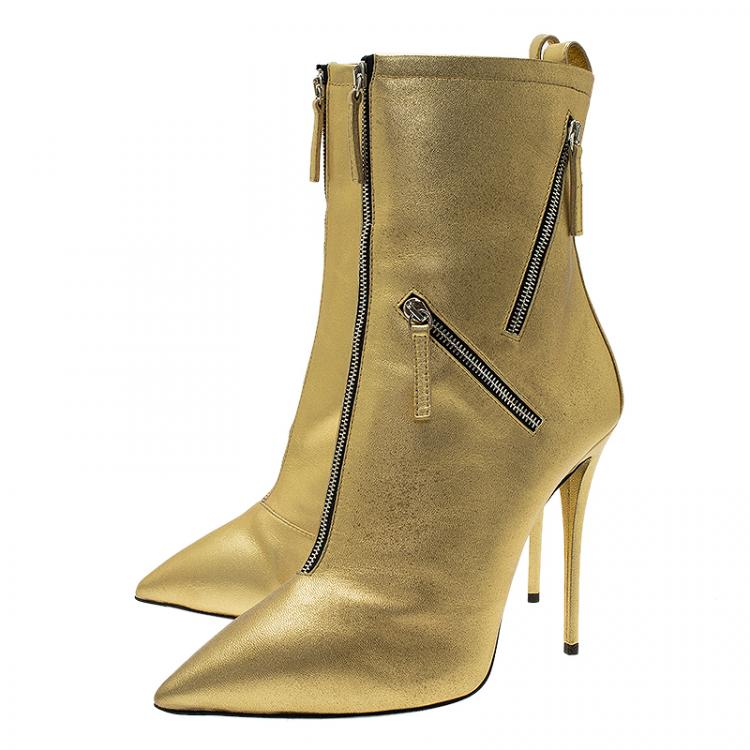 Pre Owned Giuseppe Zanotti  Metallic Gold Leather Multi Zip Detail Pointed Boots Size 38