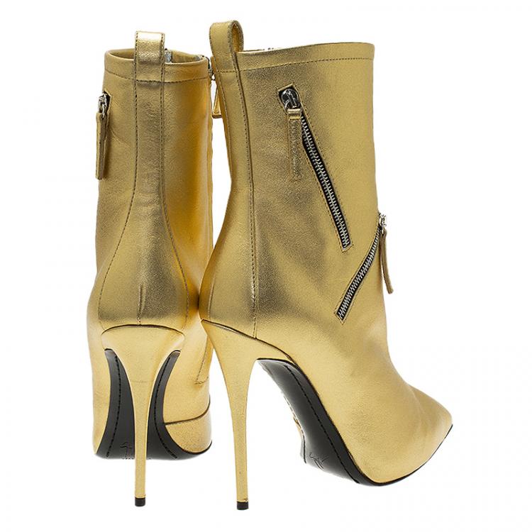 Pre Owned Giuseppe Zanotti  Metallic Gold Leather Multi Zip Detail Pointed Boots Size 38