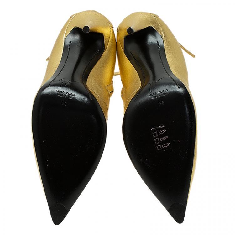 Pre Owned Giuseppe Zanotti  Metallic Gold Leather Multi Zip Detail Pointed Boots Size 38