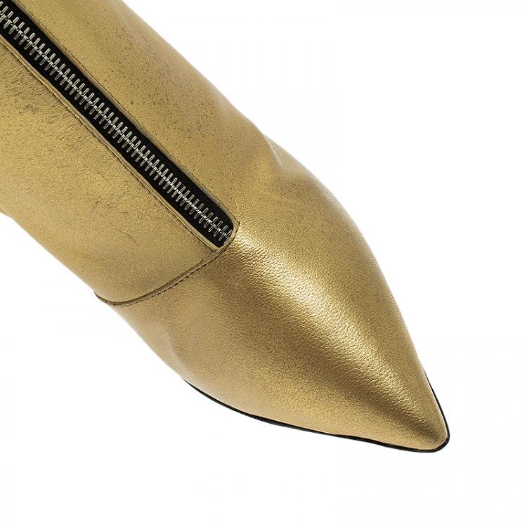 Pre Owned Giuseppe Zanotti  Metallic Gold Leather Multi Zip Detail Pointed Boots Size 38