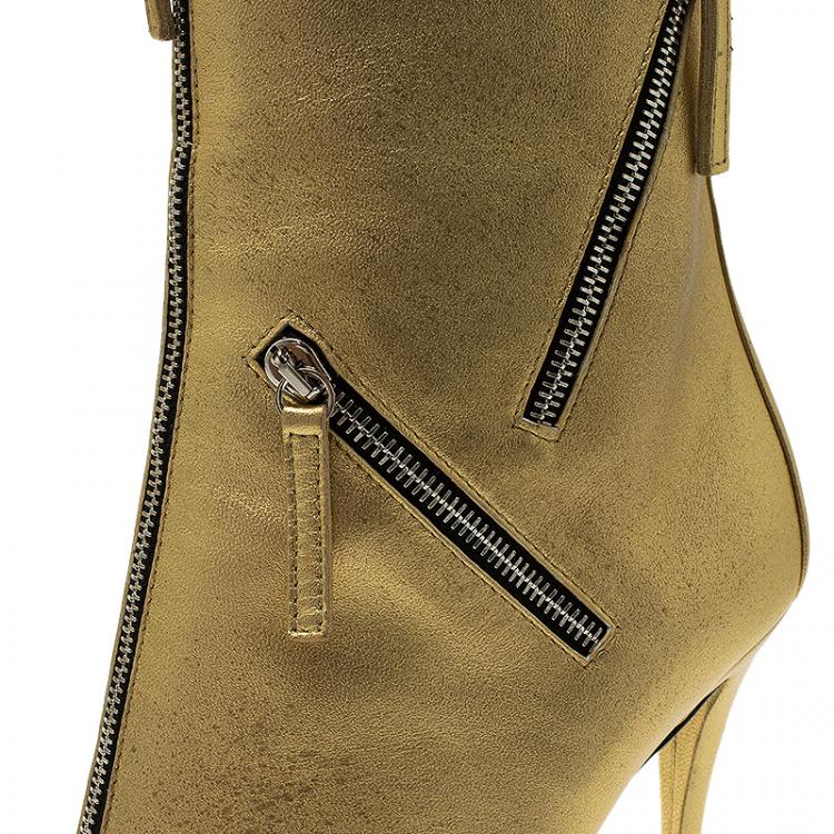 Pre Owned Giuseppe Zanotti  Metallic Gold Leather Multi Zip Detail Pointed Boots Size 38