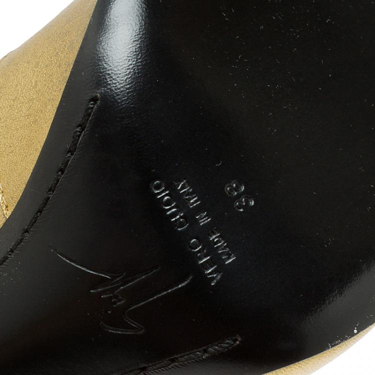 Pre Owned Giuseppe Zanotti  Metallic Gold Leather Multi Zip Detail Pointed Boots Size 38