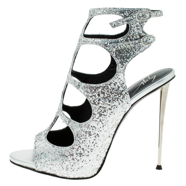 Pre Owned Giuseppe Zanotti Silver Glitter Cutout Ankle Sandals Size 37 