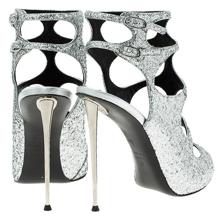 Pre Owned Giuseppe Zanotti Silver Glitter Cutout Ankle Sandals Size 37 