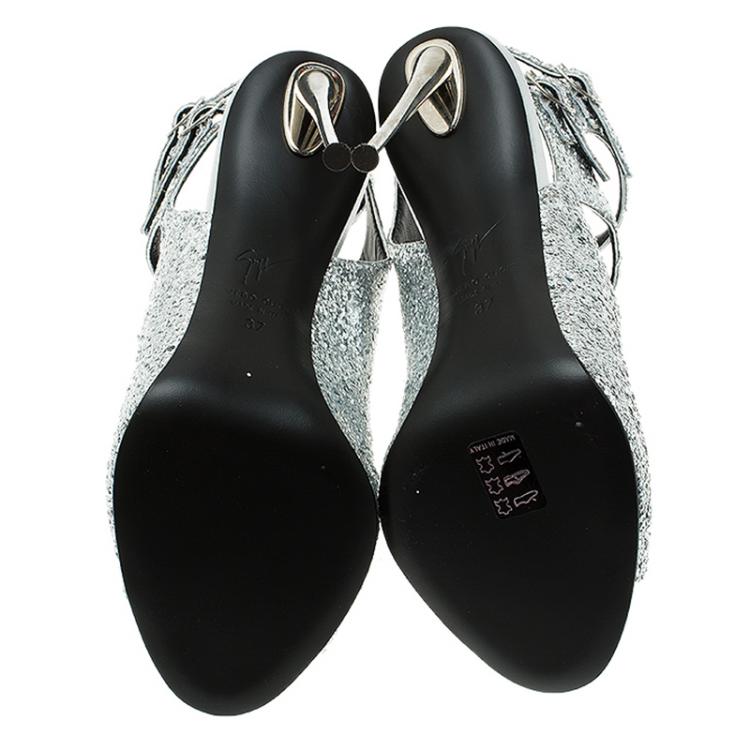 Pre Owned Giuseppe Zanotti Silver Glitter Cutout Ankle Sandals Size 37 