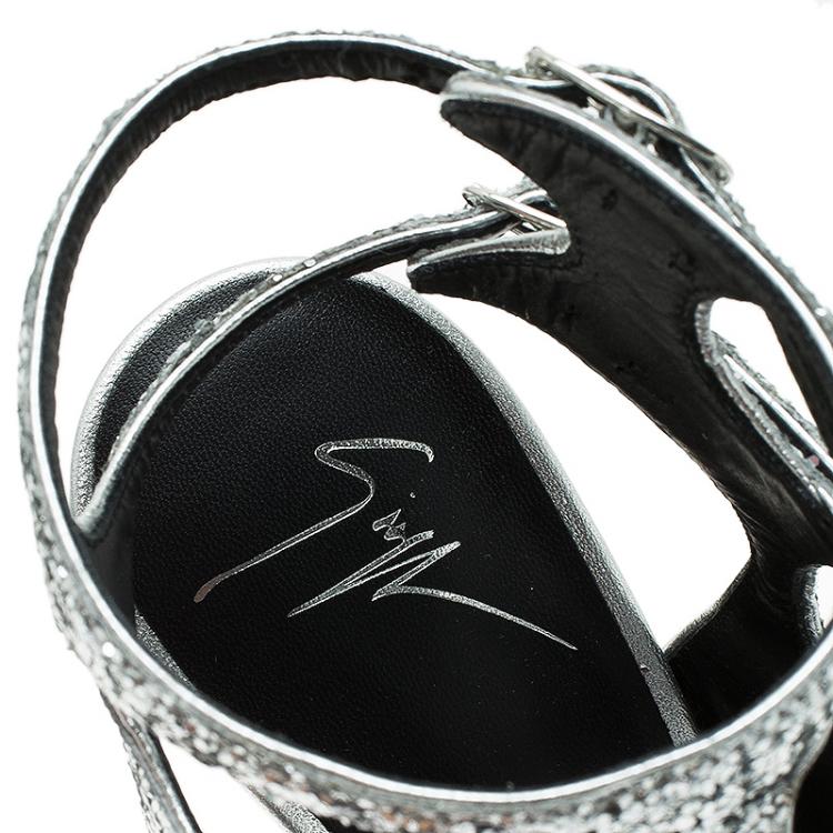 Pre Owned Giuseppe Zanotti Silver Glitter Cutout Ankle Sandals Size 37 