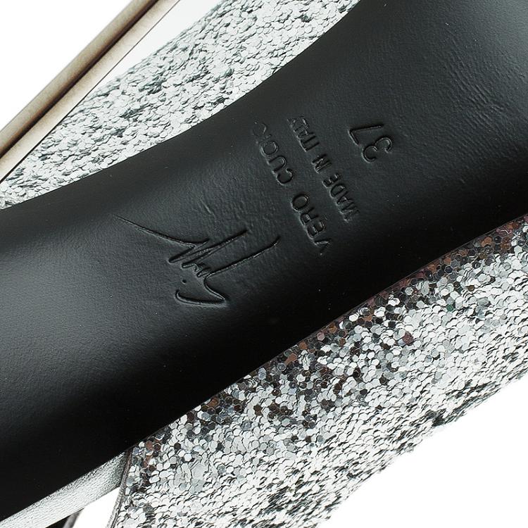 Pre Owned Giuseppe Zanotti Silver Glitter Cutout Ankle Sandals Size 37 