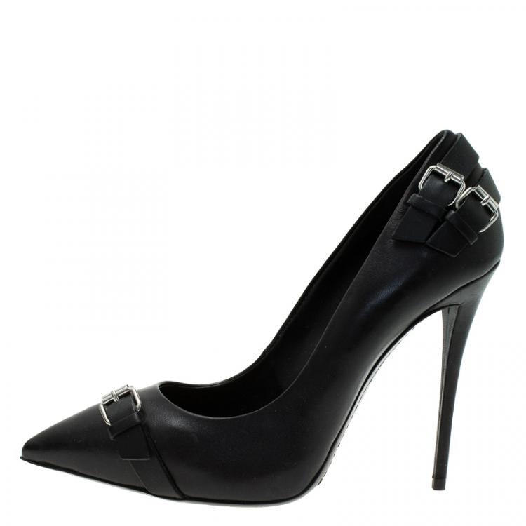 Pre Owned Giuseppe Zanotti Black Leather Buckle Detail Pointed Pumps Size 38