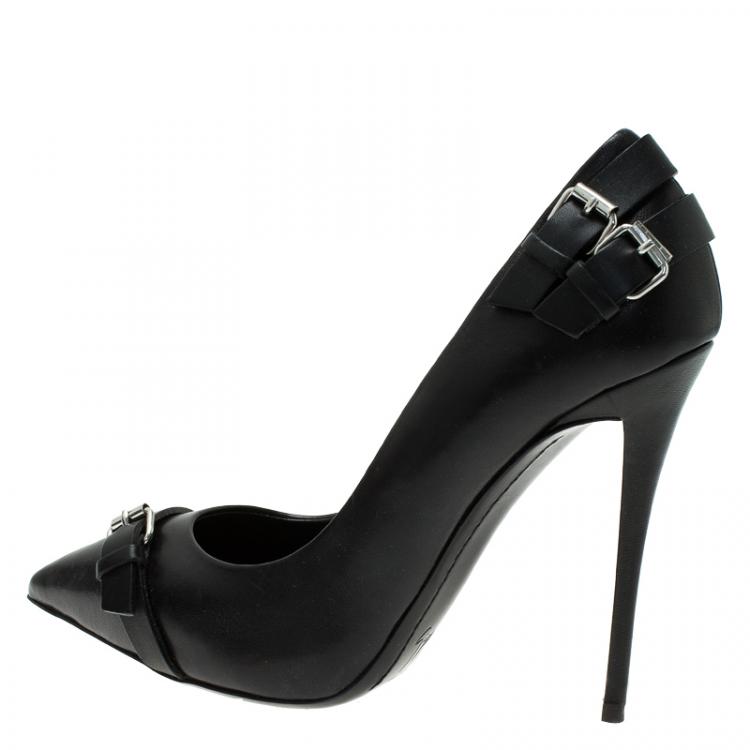 Pre Owned Giuseppe Zanotti Black Leather Buckle Detail Pointed Pumps Size 38