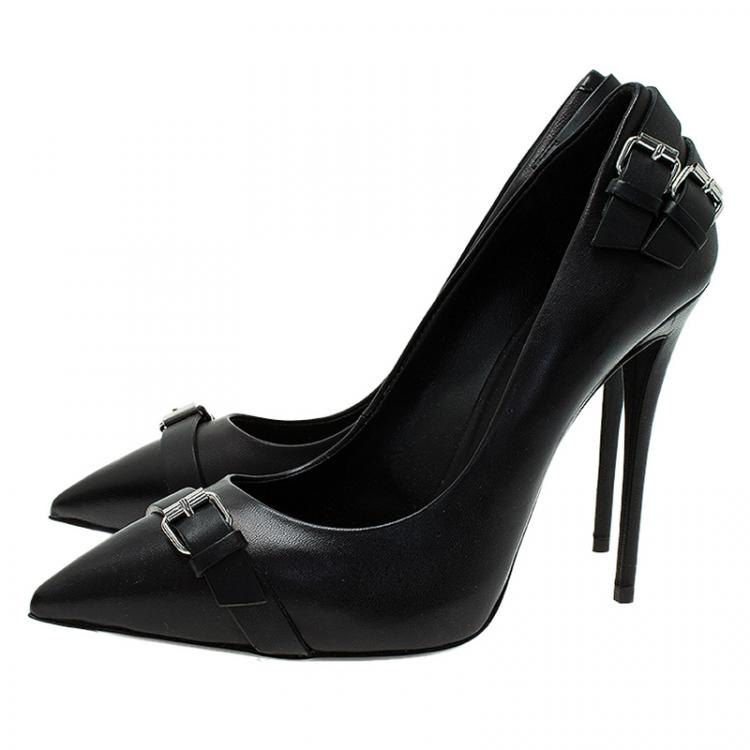 Pre Owned Giuseppe Zanotti Black Leather Buckle Detail Pointed Pumps Size 38