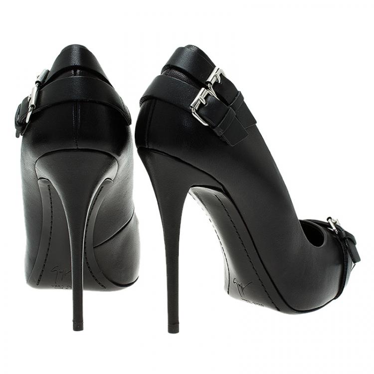 Pre Owned Giuseppe Zanotti Black Leather Buckle Detail Pointed Pumps Size 38