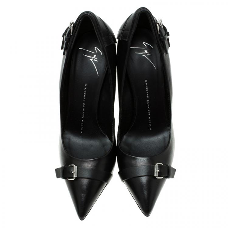 Pre Owned Giuseppe Zanotti Black Leather Buckle Detail Pointed Pumps Size 38