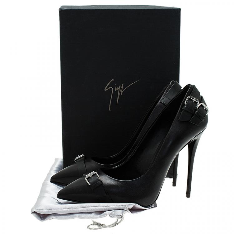 Pre Owned Giuseppe Zanotti Black Leather Buckle Detail Pointed Pumps Size 38