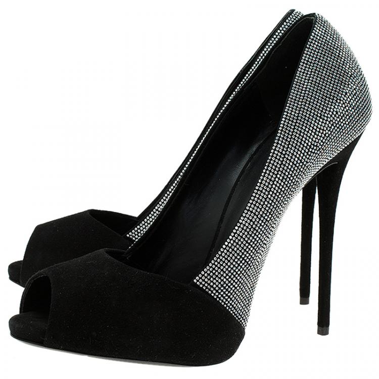 Pre Owned Giuseppe Zanotti Black Suede Studded Peep Toe Pumps Size 40