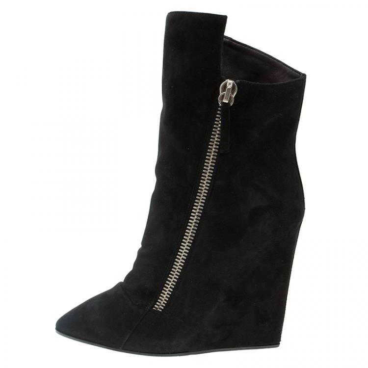 Pre Owned Giuseppe Zanotti Black Suede Wedge Ankle Boots Size 37
