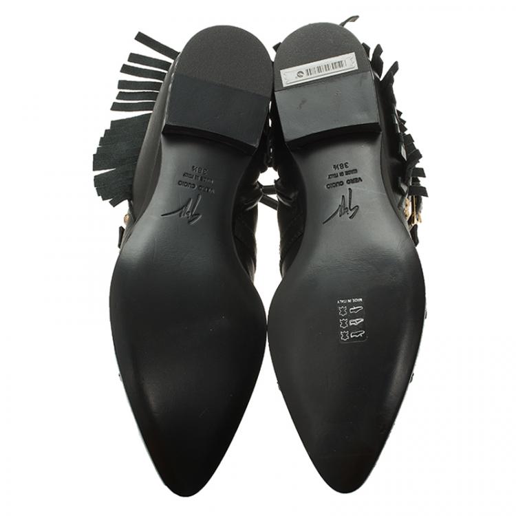 مملوكة مسبقًا Giuseppe Zanotti Black Leather Studded and Fringed Buckled Ankle Boots Size 38.5