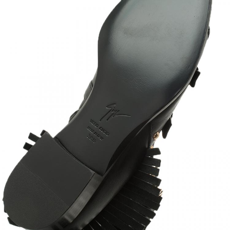 مملوكة مسبقًا Giuseppe Zanotti Black Leather Studded and Fringed Buckled Ankle Boots Size 38.5