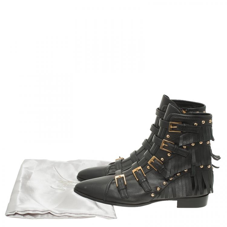 مملوكة مسبقًا Giuseppe Zanotti Black Leather Studded and Fringed Buckled Ankle Boots Size 38.5