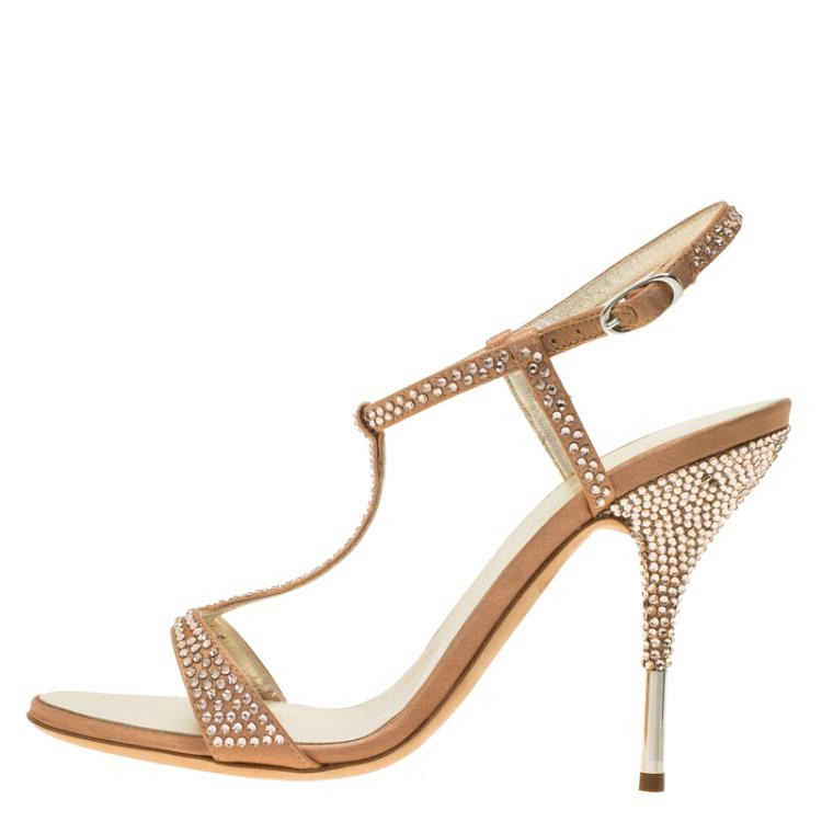 Pre Owned Giuseppe Zanotti Pink Satin Crystal Coated T-Strap Sandals Size 37