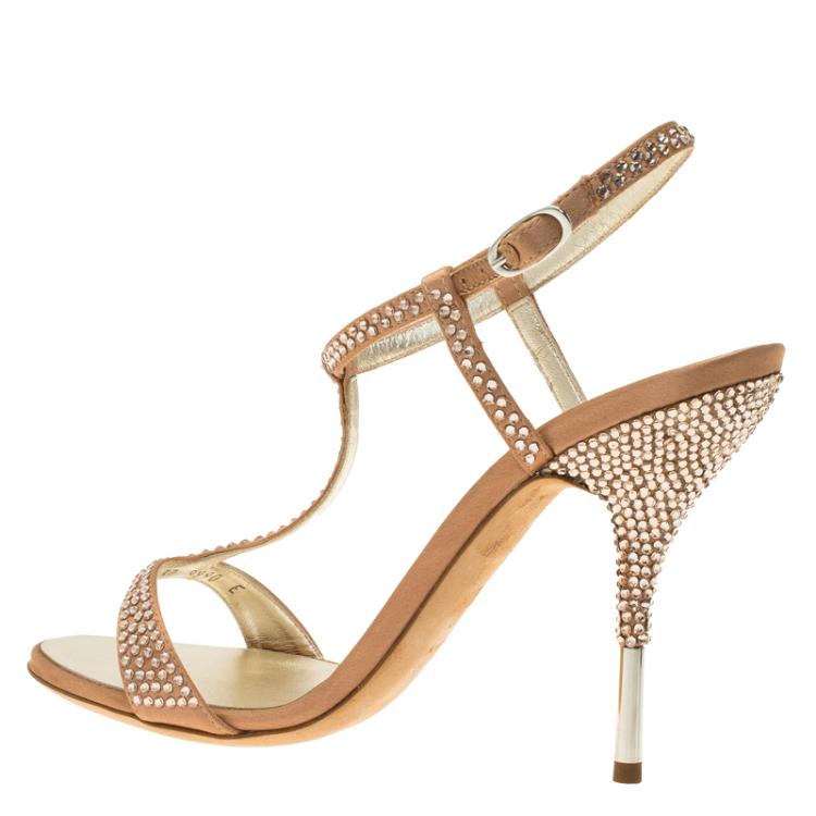 Pre Owned Giuseppe Zanotti Pink Satin Crystal Coated T-Strap Sandals Size 37