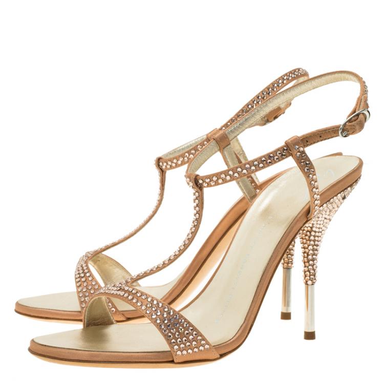 Pre Owned Giuseppe Zanotti Pink Satin Crystal Coated T-Strap Sandals Size 37