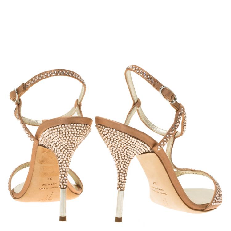 Pre Owned Giuseppe Zanotti Pink Satin Crystal Coated T-Strap Sandals Size 37