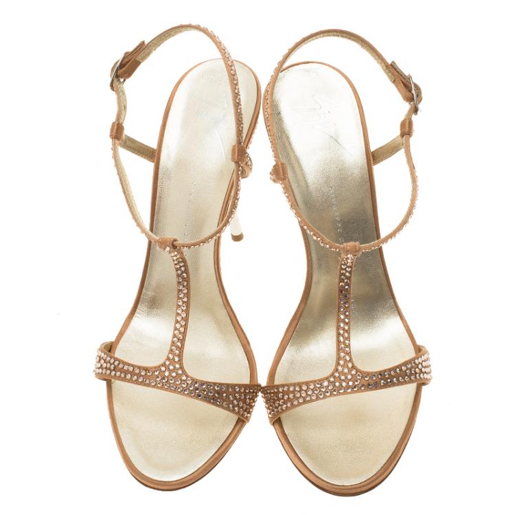 Pre Owned Giuseppe Zanotti Pink Satin Crystal Coated T-Strap Sandals Size 37