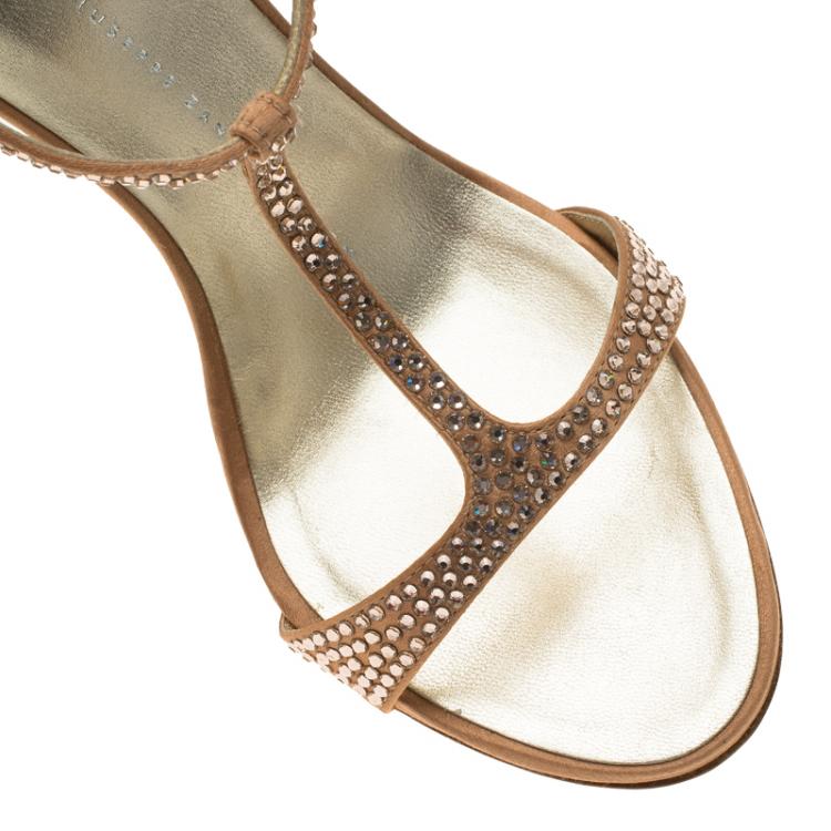 Pre Owned Giuseppe Zanotti Pink Satin Crystal Coated T-Strap Sandals Size 37