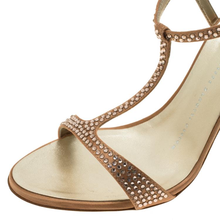 Pre Owned Giuseppe Zanotti Pink Satin Crystal Coated T-Strap Sandals Size 37